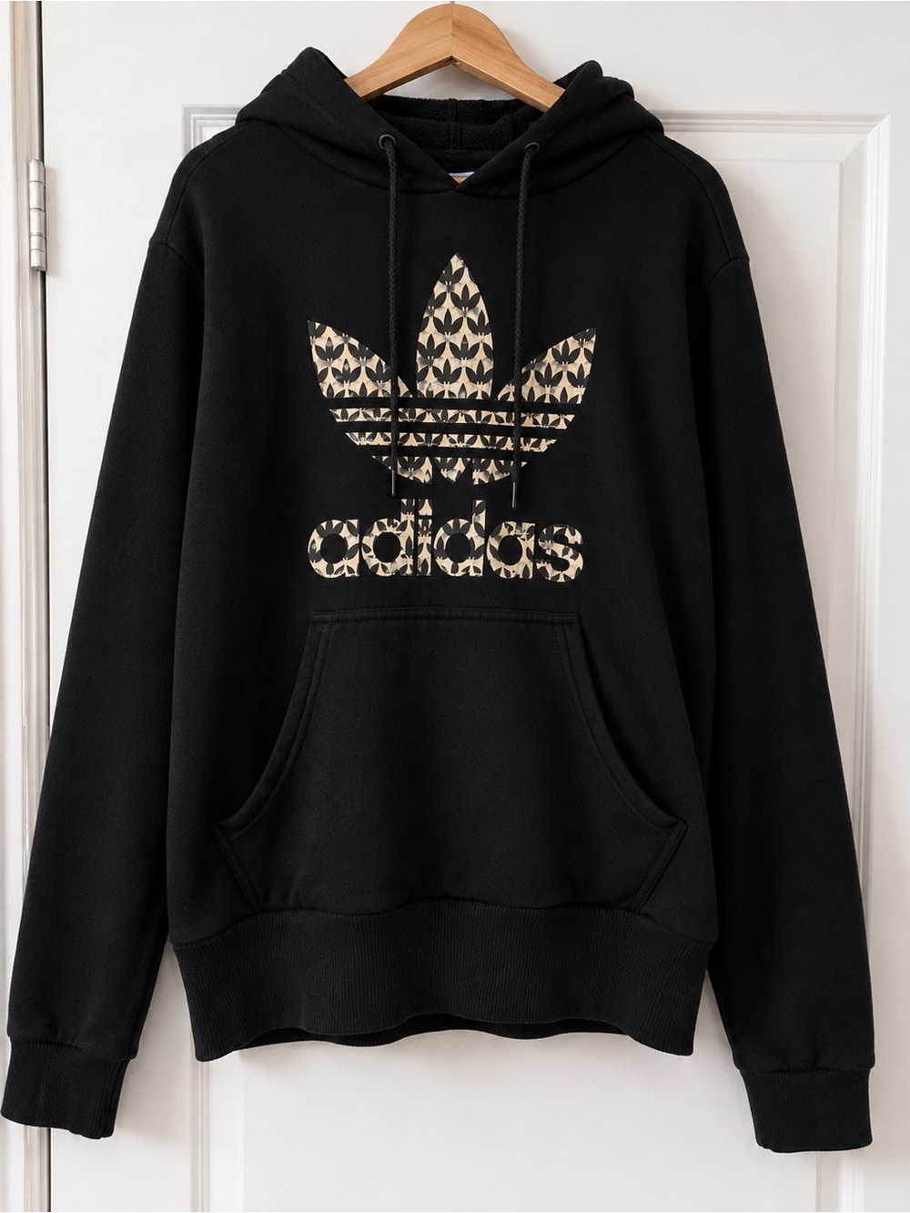 adidas Black Crewneck Hoodie with Beige Trefoil Print